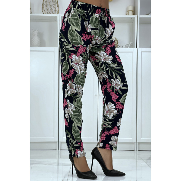 Pantalon fluide marine à motif floral B-21 - 2