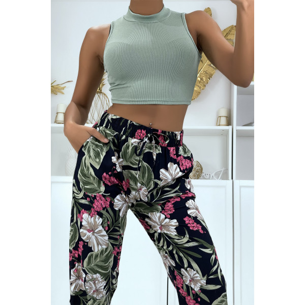 Pantalon fluide marine à motif floral B-21 - 4