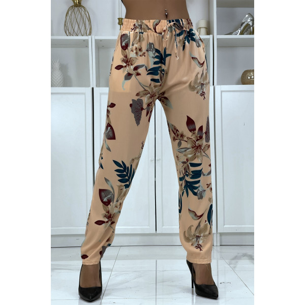 Pantalon fluide rose à motif floral B-36 - 1