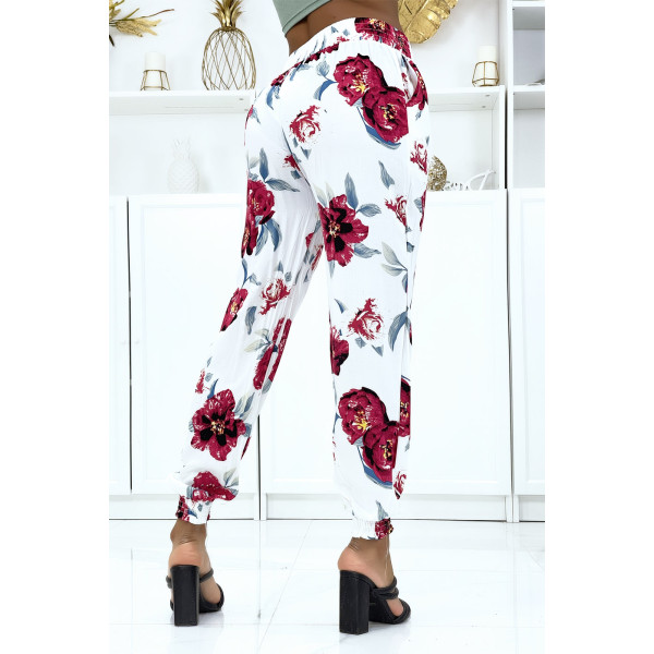 Pantalon blanc à fleurs fluide élastique à la taille et aux chevilles - 3