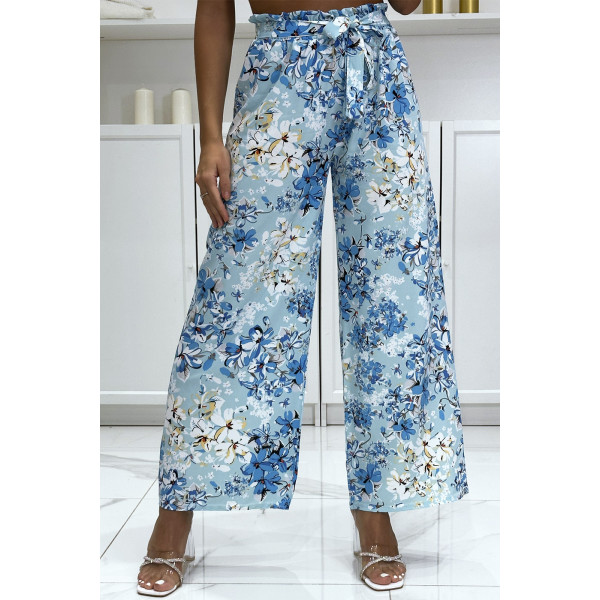 Pantalon palazzo fleuris turquoise motif fleure - 3