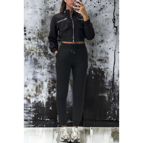 Ensemble matelassé jogging et sweat zippé noir très class - 1