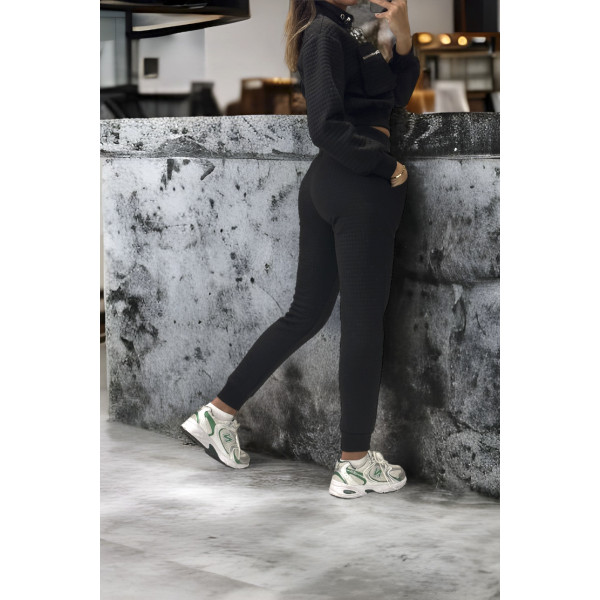 Ensemble matelassé jogging et sweat zippé noir très class - 2