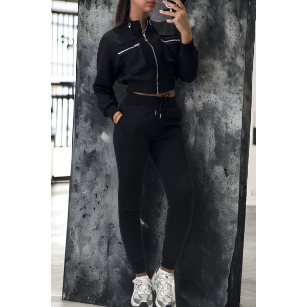 Ensemble matelassé jogging et sweat zippé noir très class - 3