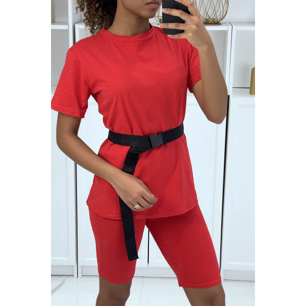 Ensemble T-shirt et cycliste rouge avec ceinture - 1