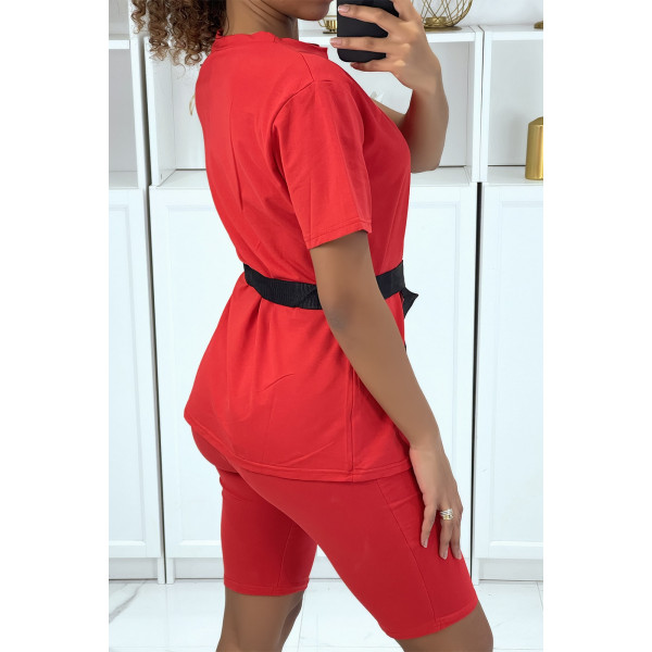 Ensemble T-shirt et cycliste rouge avec ceinture - 2