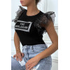 Tee-shirt noir à strass et manches en tulles - 5