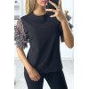 T-shirt noir avec manches en tulle taupe - 1