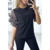 T-shirt noir avec manches en tulle taupe - 3