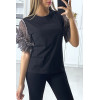 T-shirt noir avec manches en tulle taupe - 4