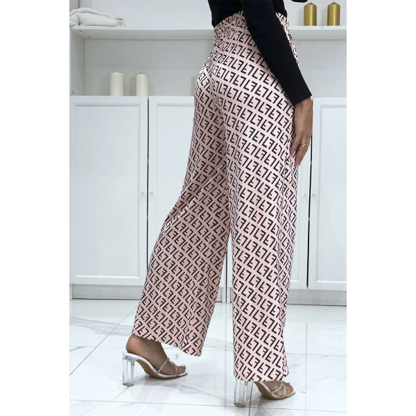 Pantalon palazzo motif F beige et noir inspiration de marque - 1