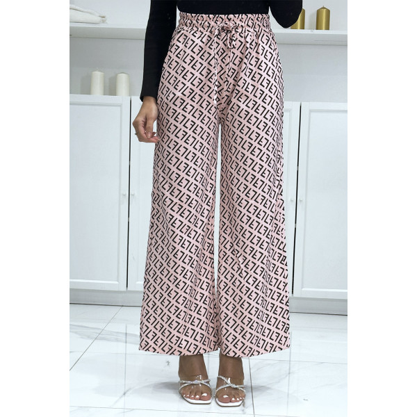 Pantalon palazzo motif F beige et noir inspiration de marque - 2