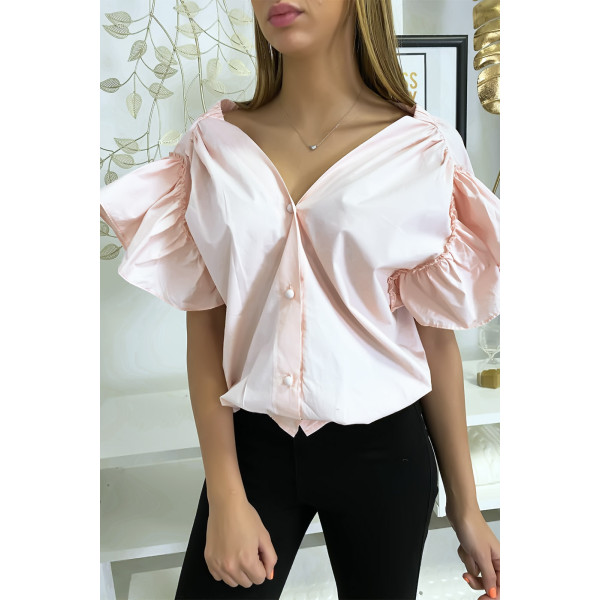 Blouse chemise rose boutonnés à l'avant  avec volant aux manches et fronce aux épaules - 1