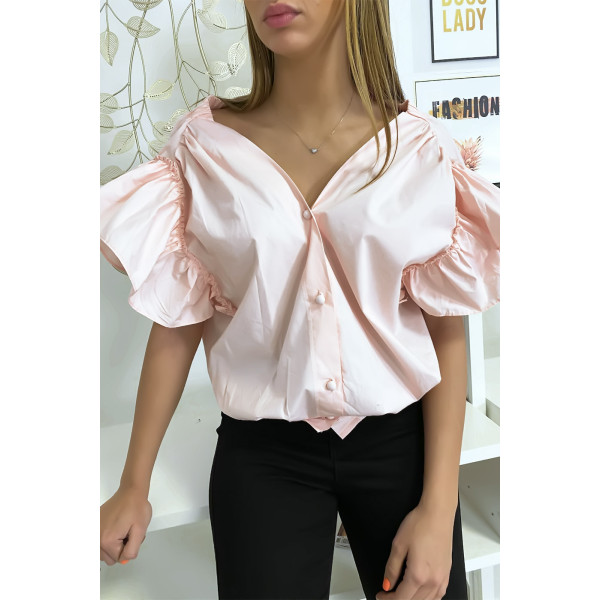 Blouse chemise rose boutonnés à l'avant  avec volant aux manches et fronce aux épaules - 2