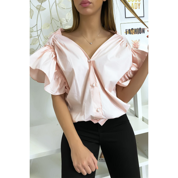 Blouse chemise rose boutonnés à l'avant  avec volant aux manches et fronce aux épaules - 3