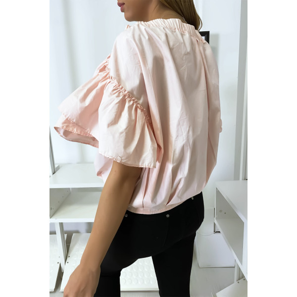 Blouse chemise rose boutonnés à l'avant  avec volant aux manches et fronce aux épaules - 4