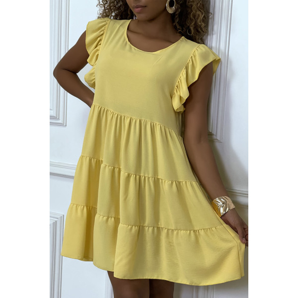 Robe jaune froncée à volant et coupe évasée - 4