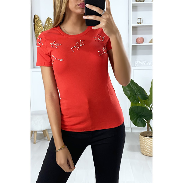 T-shirt rouge avec strass au buste - 2