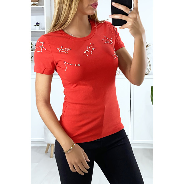 T-shirt rouge avec strass au buste - 4