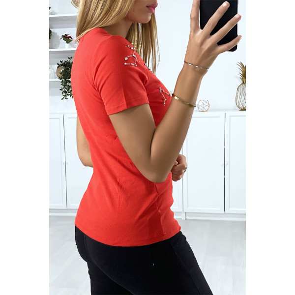 T-shirt rouge avec strass au buste - 5