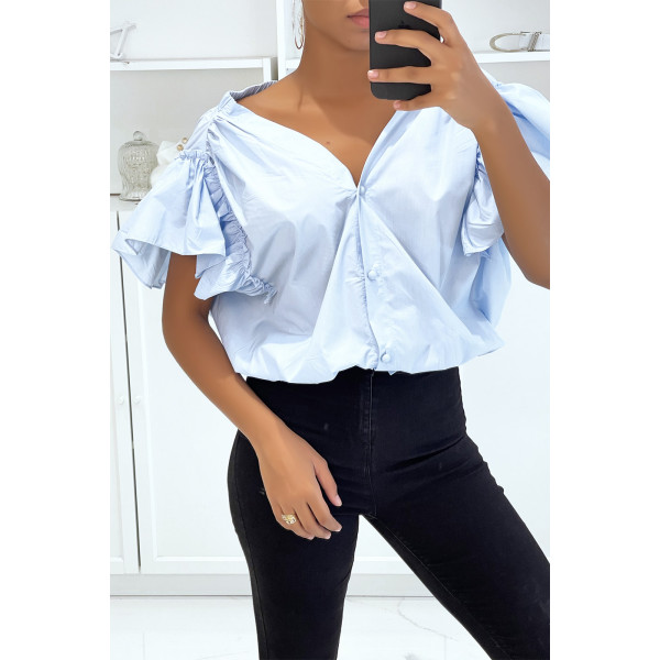 Blouse chemise bleu boutonnés à l'avant  avec volant aux manches et fronce aux épaules - 2