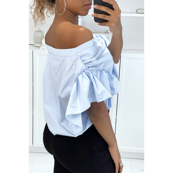 Blouse chemise bleu boutonnés à l'avant  avec volant aux manches et fronce aux épaules - 3