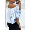 Blouse chemise bleu boutonnés à l'avant  avec volant aux manches et fronce aux épaules - 3