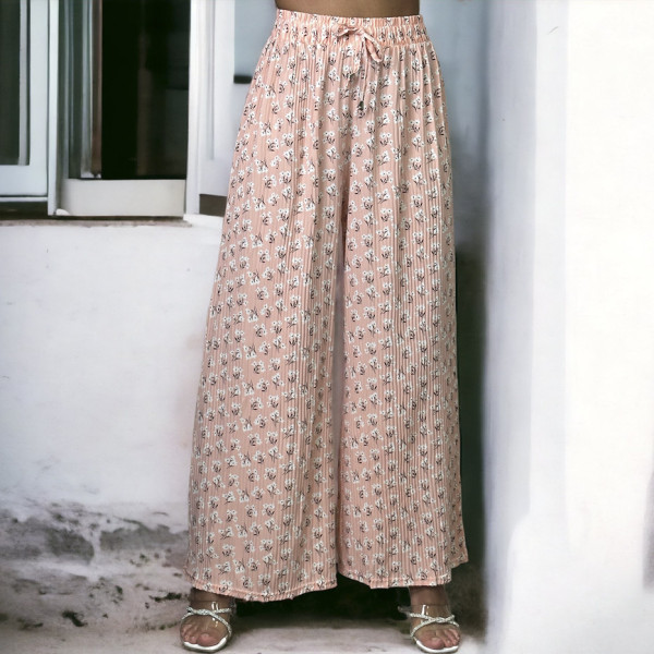 Pantalon palazzo plissé rose à motif - 2