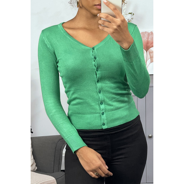 Gilet vert clair en maille tricot très extensible, l'incontournable classique - 1