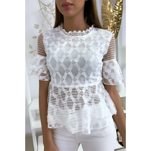 Blouse blanche avec joli motifs dentelle et volant - 1