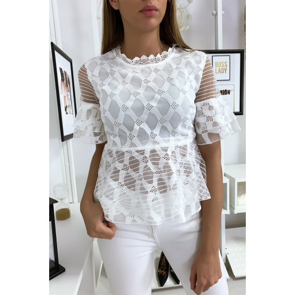 Blouse blanche avec joli motifs dentelle et volant - 3