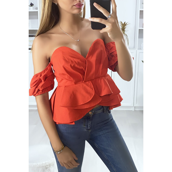 Bustier rouge dénudé croisé devant avec volant - 3