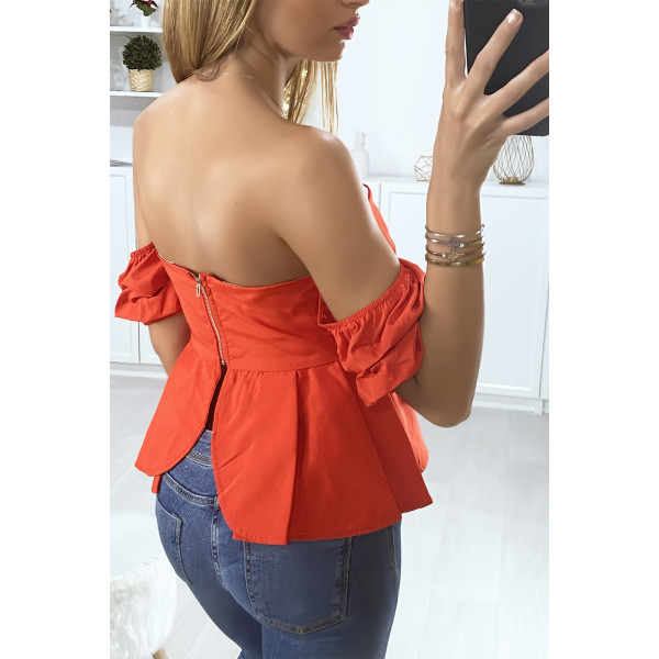 Bustier rouge dénudé croisé devant avec volant - 5