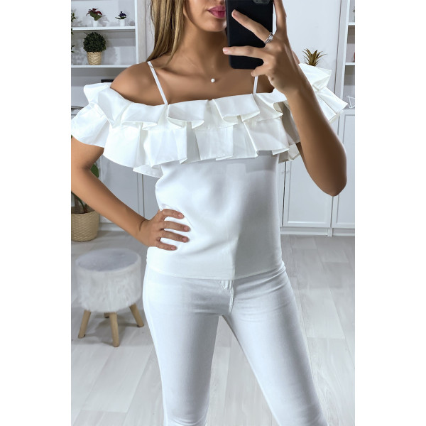 Blouse blanche col bateau avec volant en forme de plis - 1