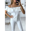 Blouse blanche col bateau avec volant en forme de plis - 1