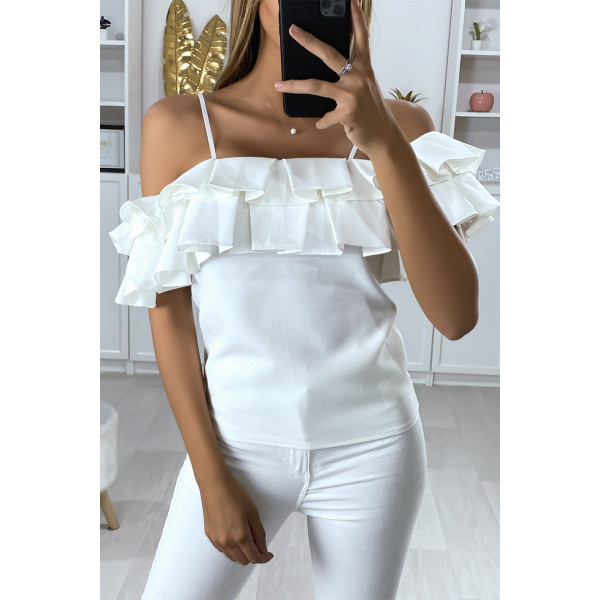 Blouse blanche col bateau avec volant en forme de plis - 2