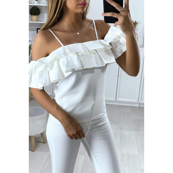 Blouse blanche col bateau avec volant en forme de plis - 4