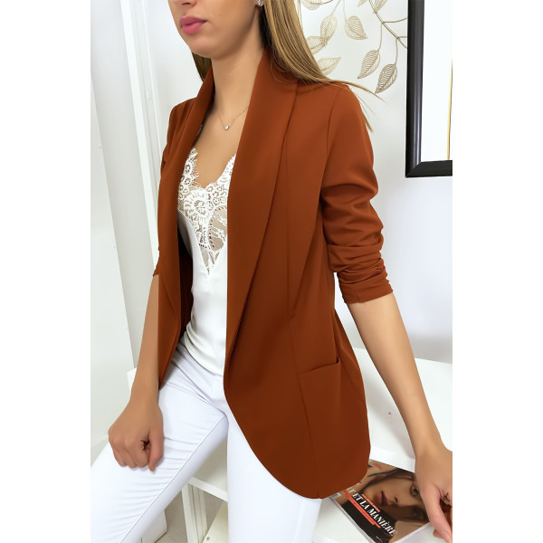 Veste Blazer cognac col châle avec poches. Blazer femme 1526 - 2