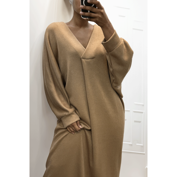 Longue robe pull over size col V Camel  - 1