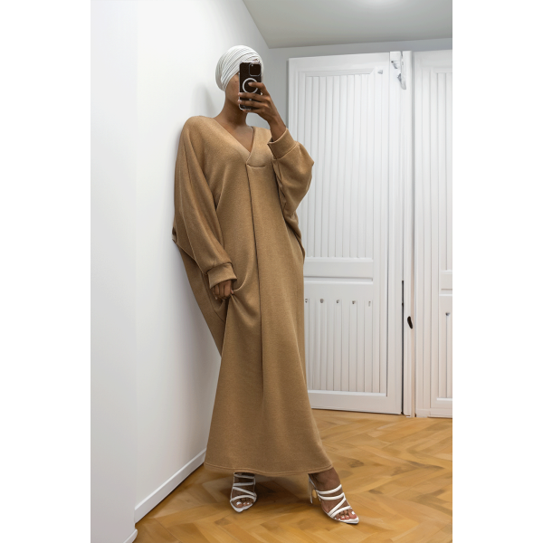 Longue robe pull over size col V Camel  - 2