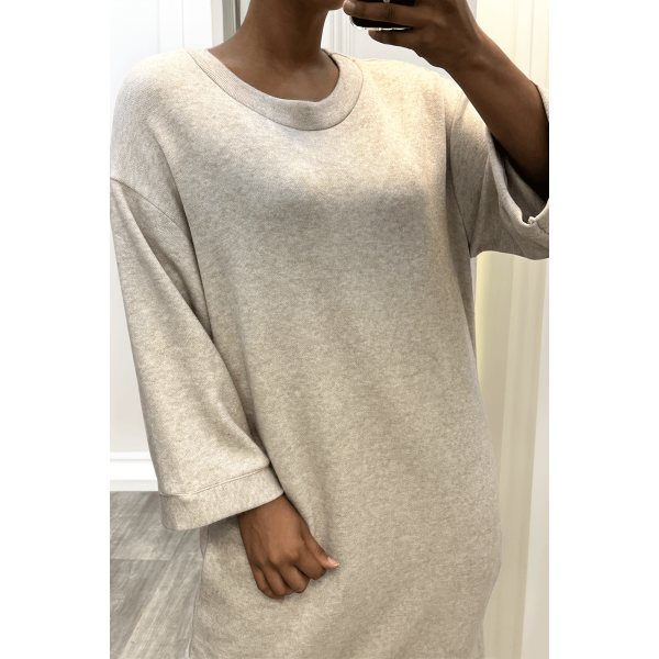 Longue robe pull over size col rond beige  - 1