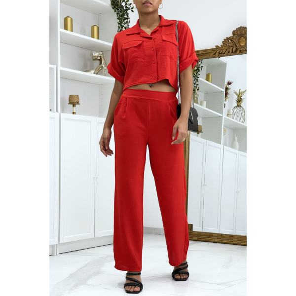 Ensemble chemise saharienne et pantalon palazzo rouge - 2