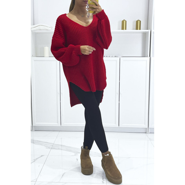 Pull rouge asymétrique en tricot à col v et manches bouffantes, ultra doux - 1