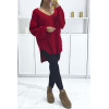 Pull rouge asymétrique en tricot à col v et manches bouffantes, ultra doux - 1