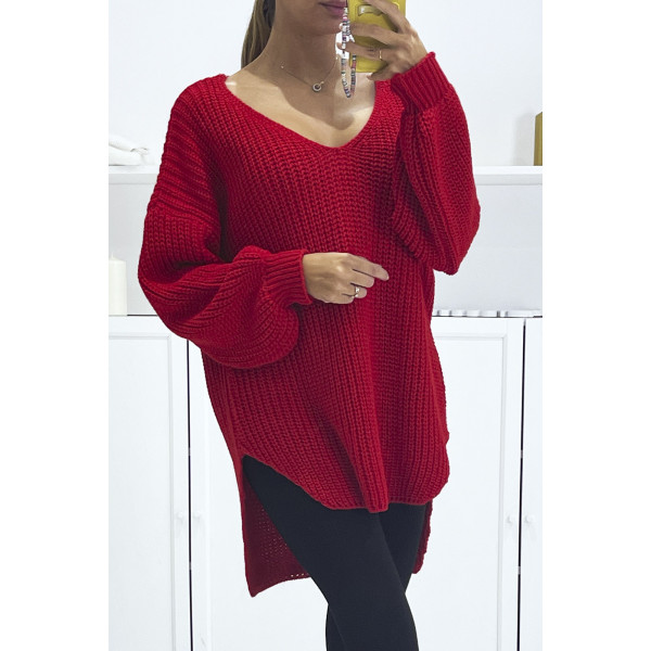 Pull rouge asymétrique en tricot à col v et manches bouffantes, ultra doux - 2