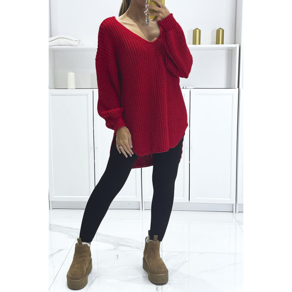 Pull rouge asymétrique en tricot à col v et manches bouffantes, ultra doux - 3