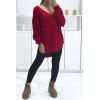 Pull rouge asymétrique en tricot à col v et manches bouffantes, ultra doux - 3