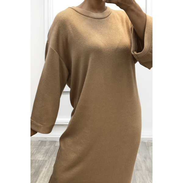 Longue robe pull over size col rond camel  - 1