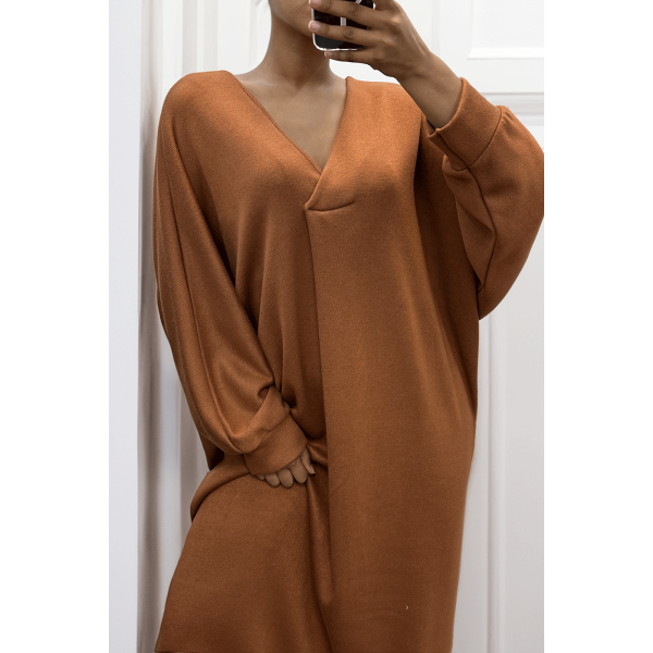 Longue robe pull over size col V cognac  - 1