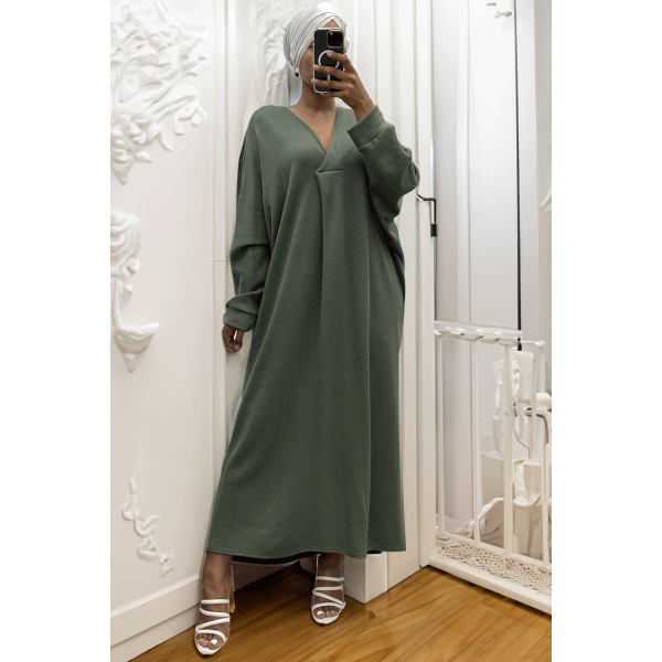 Longue robe pull over size col V kaki  - 3